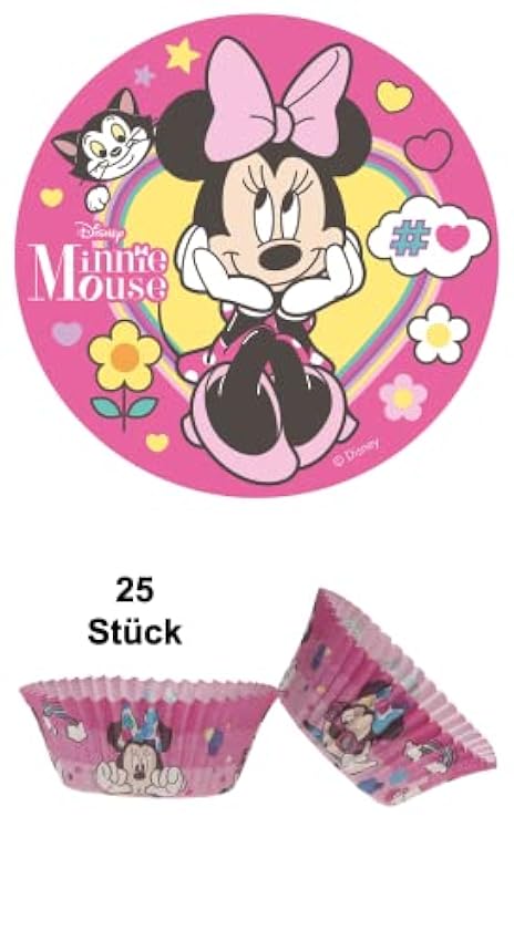 Dekozauber24 Juego de 2 adornos comestibles para tartas de Minnie Mouse de 20 cm y 25 moldes para magdalenas, decoración para tartas, decoración de cumpleaños, diseño de Minnie Mouse n.º 4 hmAPrLnx