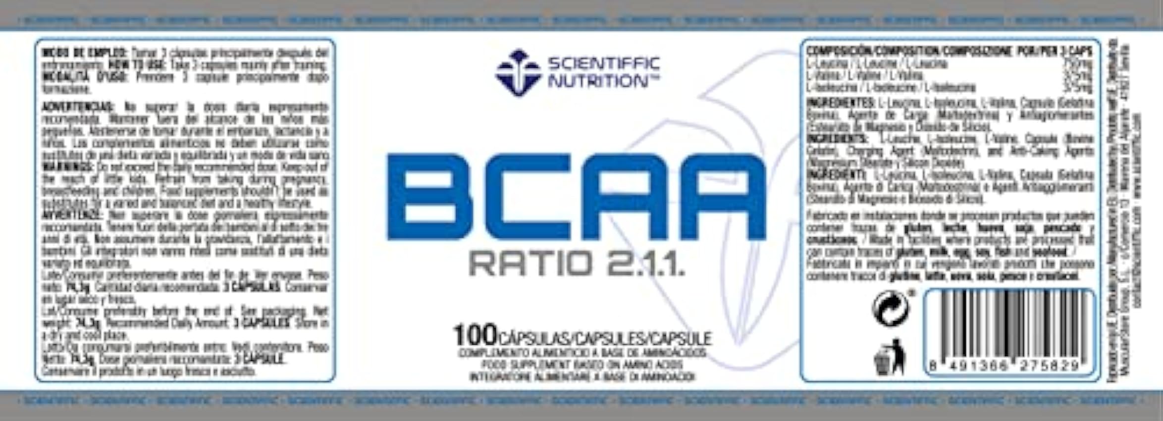 Scientiffic Nutrition - BCAA, Aminoácidos Esenciales Ramificados en Polvo en Proporción 2:1:1, Mejora la Recuperación Muscular y el Aumento de Masa Muscular - 100 Cápsulas. kYissUWC