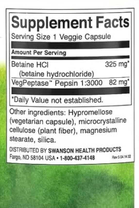 Swanson Betaine HCl Ácido Clorhídrico - 250 Cápsulas Vegetales para Digestión Eficiente y Absorción de Nutrientes - Fórmula Potente IpUjtcSm