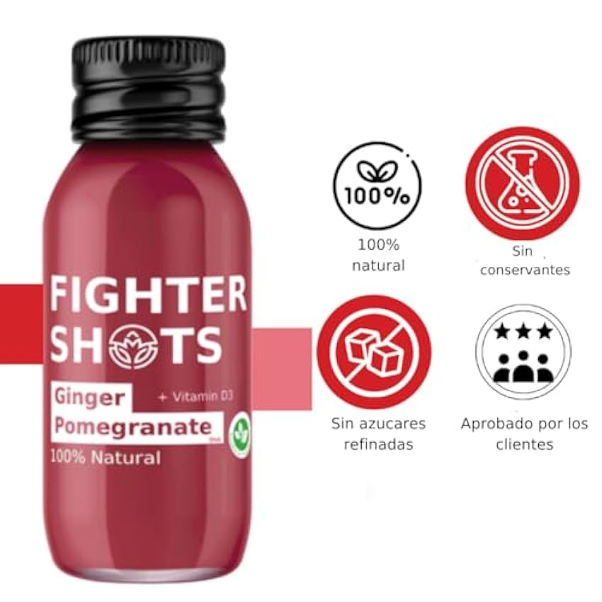 Fighter Shots de Jengibre + Granada (12x60ml) | Bebida natural de granada | Aumento de la resistencia/rendimiento deportivo | Fuente de potasio | Vitamina D3 ftbmGbsa