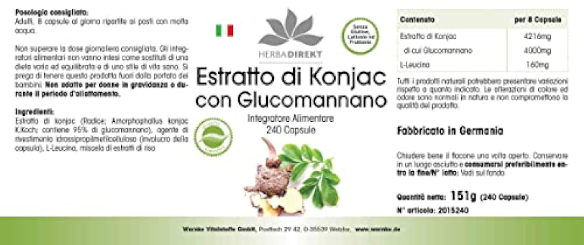 Glucomanano 500mg – de extracto de raíz de Konjac – 95% de Glucomanano – Vegano – 240 cápsulas | HERBADIREKT by Warnke Vitalstoffe PT3IrNyG