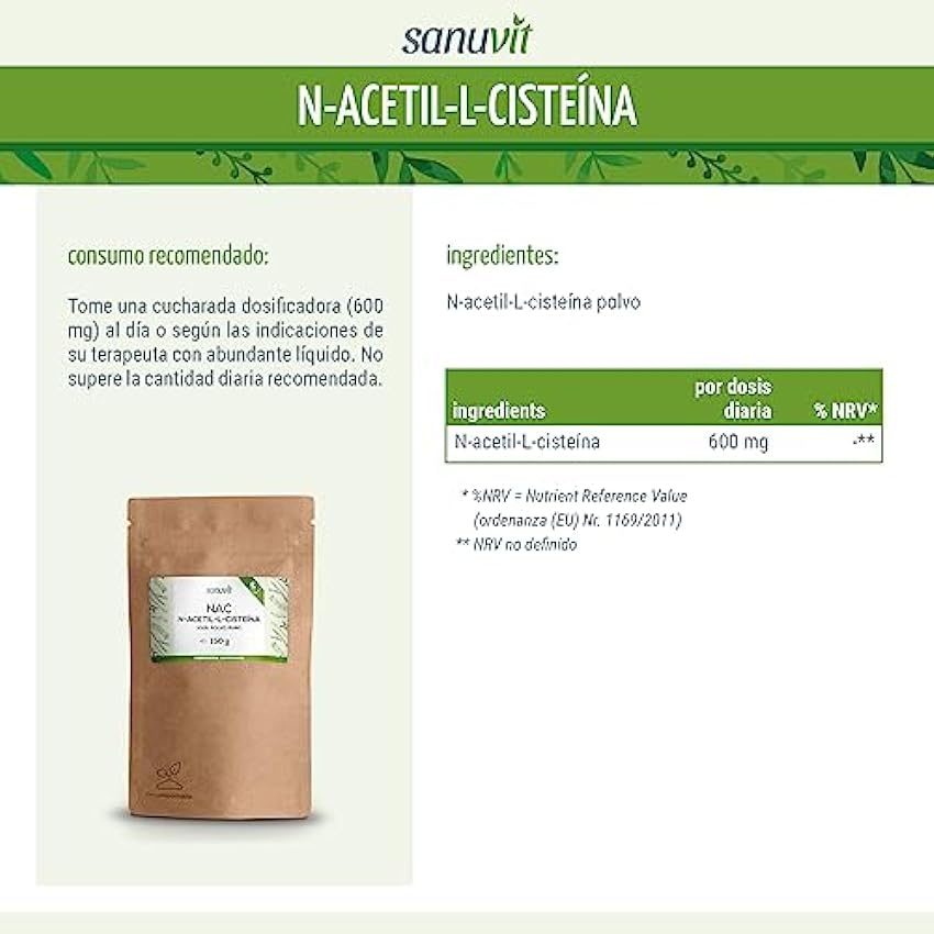 Sanuvit® - Polvo NAC | 150 g por bolsa | Suministro de 6 meses | N-acetil-L-cisteína | Alta biodisponibilidad y tolerancia | Vegano lpb8OaYS