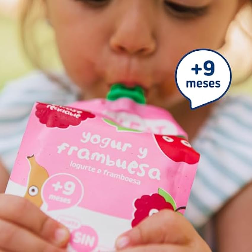 Smileat | Pouch de Fruta Ecológica para Niños | Con Sabor a Yogur y Frambuesa | Sin Lactosa, Sin Azúcares y Sin Gluten | Para Bebés a partir de los 12 Meses | Pack de 10 x 100 g | 1000g OuAk9kMu