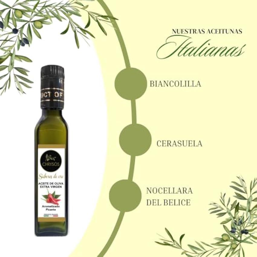 CHRYSÓS - Aceite de oliva virgen extra italiano | Sabor Picante | Aceite de oliva extra virgen sabores premium | Botella 250ml HYKmVPfH