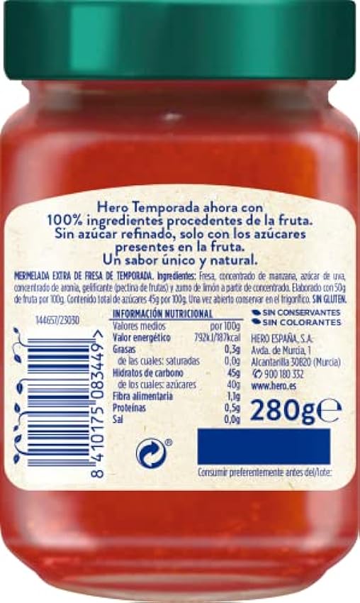 Hero Temporada Mermelada 100% origen de la fruta de Fresa - Pack 6x280gr jOzbWYQP