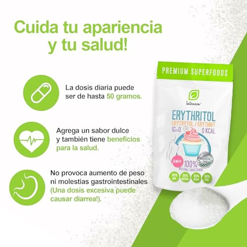 Eritritol 1 kg | Edulcorante 100% natural | Vegano | Edulcorante granulado | Alternativa al azúcar | Apto para diabéticos mJT6H1B7