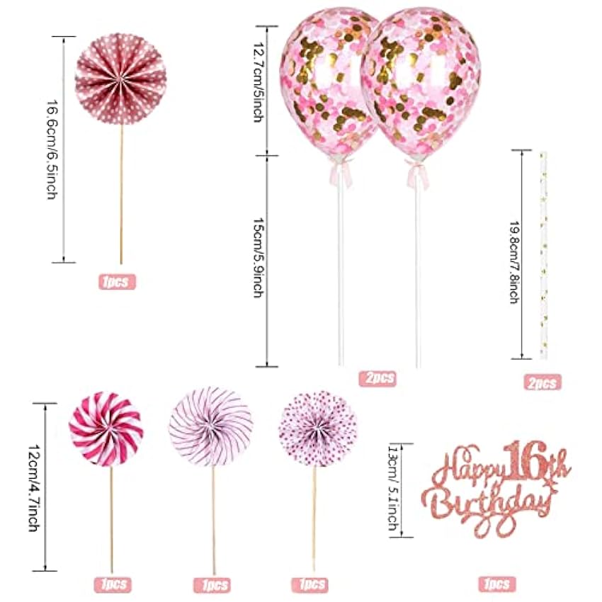 HCRXVV Decoración para tarta de cumpleaños rosa para niñas, decoración para tartas con purpurina, globos de confeti y abanicos de papel, decoración para tartas para cumpleaños (7 unidades) (16) pgxp7UD1