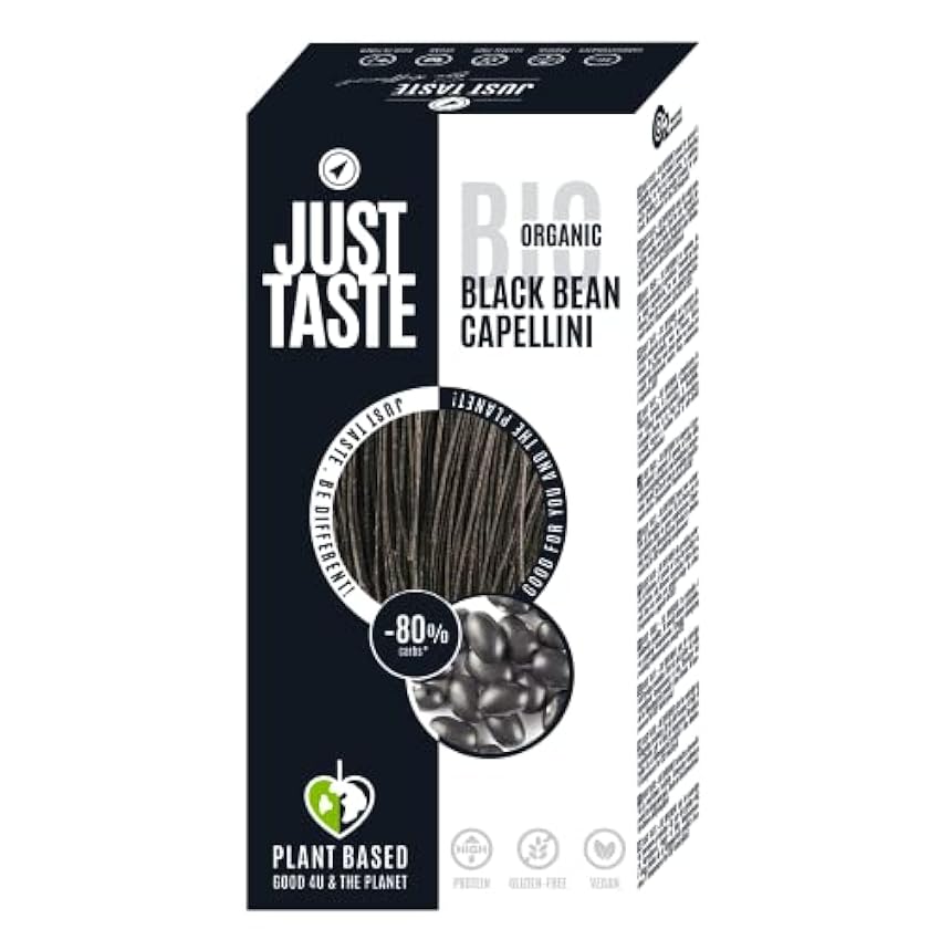 Just Taste Be different Espaguetis orgánicos de grano negro/Capellini, 41 g de proteína, ideal para deportistas, bajo en carbohidratos, alta proteína, 250 g (6 unidades) NCZtr34L