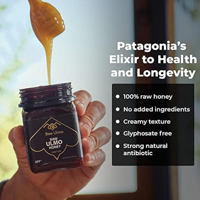 BEE ULMO Honey APF 100+. Miel de Ulmo Premium de la Patagonia Chilena. Ayuda a Tu Sistema Inmunitario. Sin OGM. Sin Gluten. 100% Pura, Cruda y Saludable. 250 gramos. pcEdzV2v