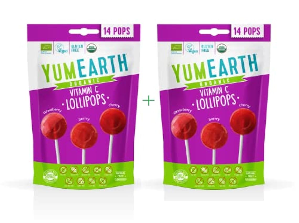 Yumearth - piruletas ecológicas de frutas con vitamina C - 14 unidades (pack 2 bolsas sabor fresa, cereza y frutos rojos) mDRw5btQ