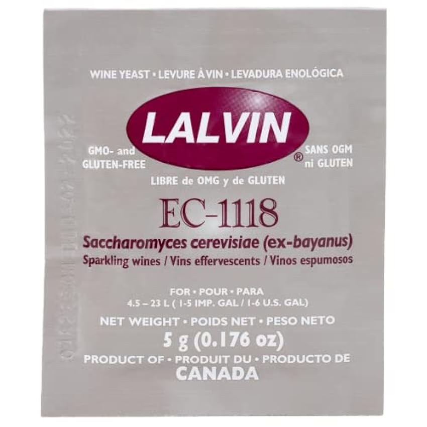 Lalvin EC-1118 Levadura de Vino (10 Paquetes) - Levadura de Champagne - Haga Vino Hidromiel Sidra Kombucha en Casa - Sachets de 5 g - Saccharomyces cerevisiae - Vendido por CAPYBARA Distributors Inc. GklcJU68