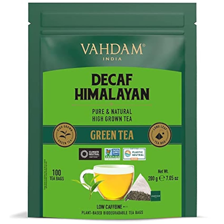 VAHDAM, Té Verde del Himalaya Descafeinado (100 Bolsitas de Té) | 100% Té Verde Desteinado, Té Verde Descafeinado De Hoja Suelta en Bolsitas HtC1FFyC