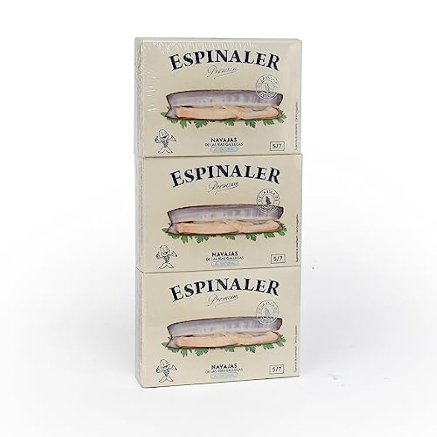 Navajas al natural Espinaler Premium - Pack de 3 latas de 5-7 navajas de la isla de Sávora - Conservas Gourmet de navajas - Navajas en conserva para tu aperitivo o para cocinar GvozqglY