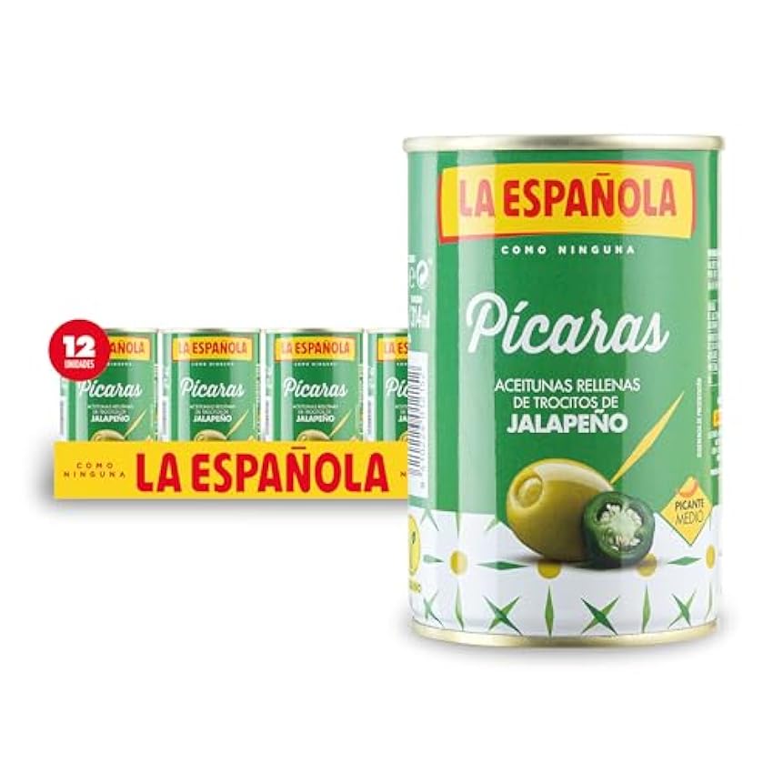 La Española - Pack de 12 Aceitunas Rellenas de Jalapeños | Picante Medio | Sin Gluten - PICARAS PGpnyOjC