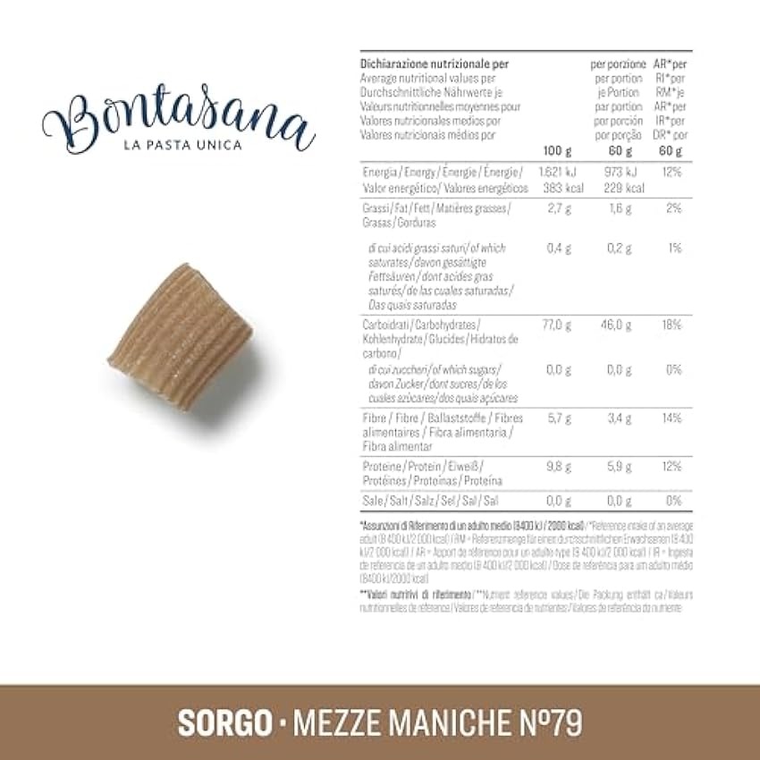 Bontasana · Mezze Maniche de Sorgo 100%, pasta naturalmente sin gluten, ecológica, Halal, Kosher, vegana y en envase sin plástico - 6 x 250g, 1,5kg GDfQ753H