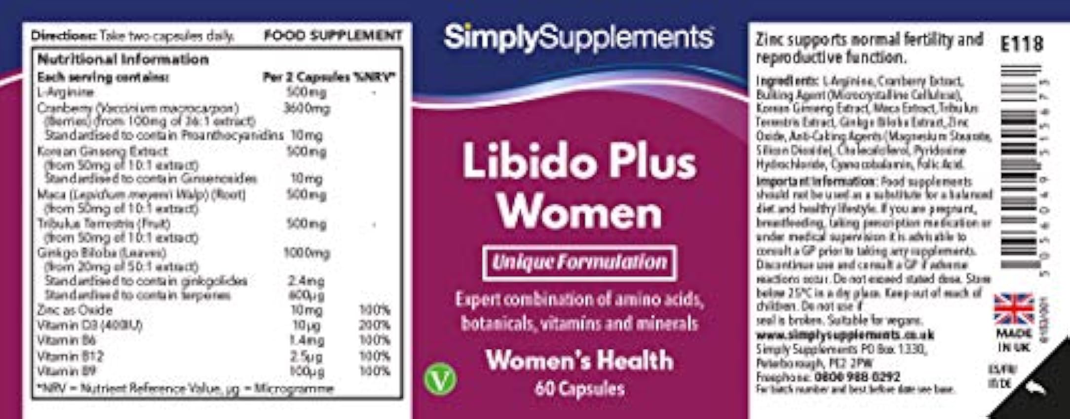 Libido Plus para Mujeres - Con raíz de maca y tribulus terrestris - 60 Cápsulas - Apto para veganos - SimplySupplements j3EtkjTv