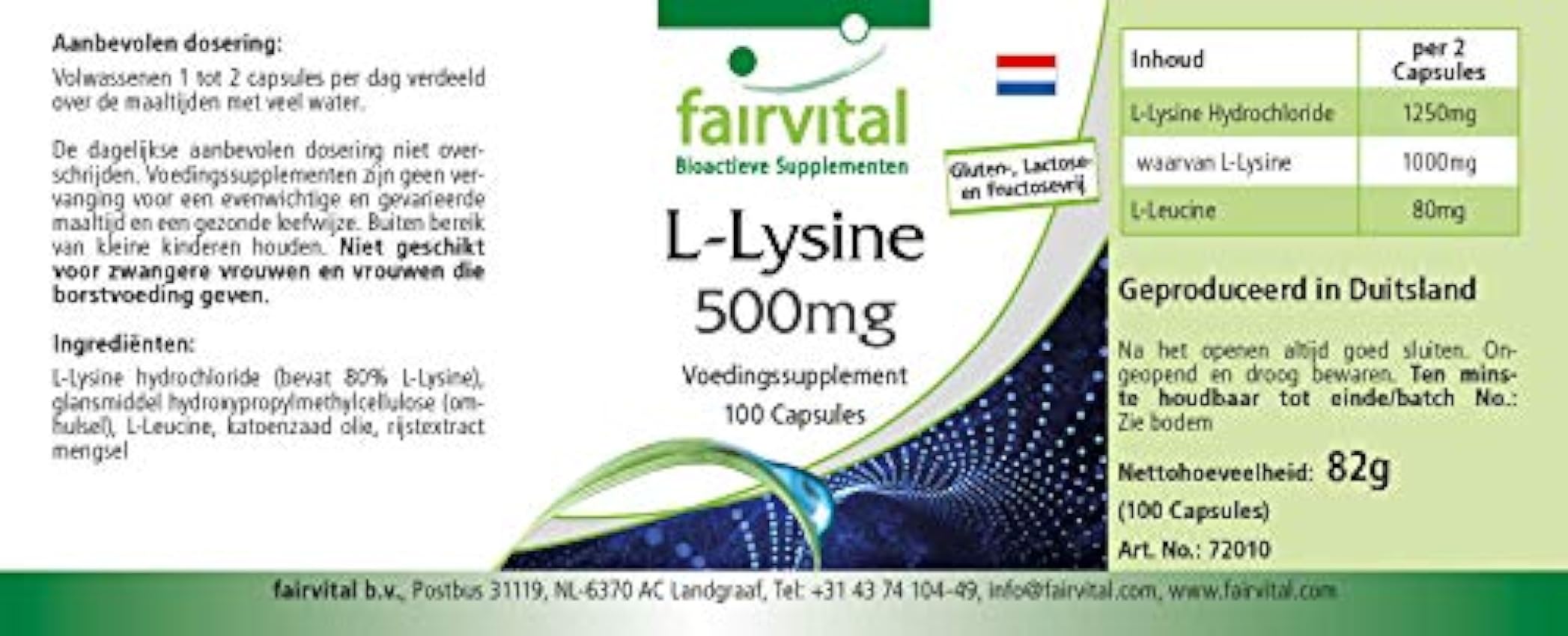 Fairvital | L-Lisina 500mg - Dosis elevada - VEGANA - L-Lisina HCl - Aminoácido esencial - 100 Cápsulas - Calidad Alemana JeGLMmUg