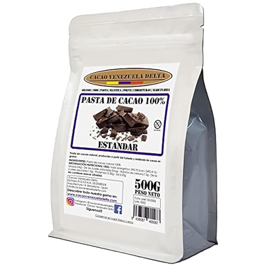 Chocolate Negro Puro 100% - Tipo Estándar - Bolsa 500g - (Pasta, Masa, Licor De Cacao 100%) - Cacao Venezuela Delta NBRbY8u2