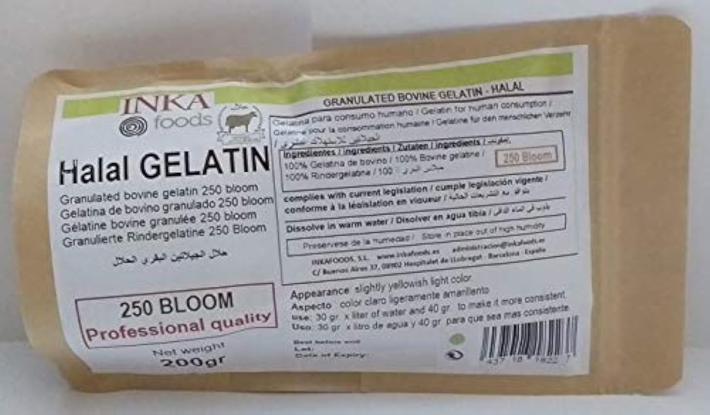 INKAFOODS 1 Gelatina granulado HALAL 250 bloom, sabor neutro 200 gr idnimz5F