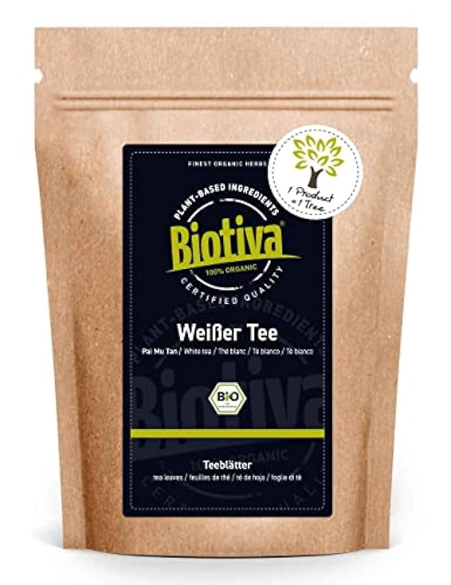 Biotiva Té blanco Pai Mu Tan orgánico 100 g - recogido a mano - suave, fragante y aromático - certificado de té orgánico de comerico justo - cultivo de té sostenible J07VBtU2