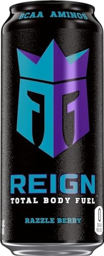 Reign Razzle Berry - Bebida deportiva de alto rendimiento, cafeína natural, zero azúcar, zero calorías y BCAA - Lata 500 ml - Pack de 12 hZOl9I0W