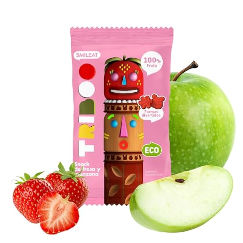 Smileat Triboo - Snack de Frutas Infantil, con Formas Divertidas, Ecológico, con Ingredientes Naturales, sin Edulcorantes o Aditivos, Sano y Saludable, Sabor Fresa y Manzana - Pack de 15 x 25 g = 375g fZULCy3W