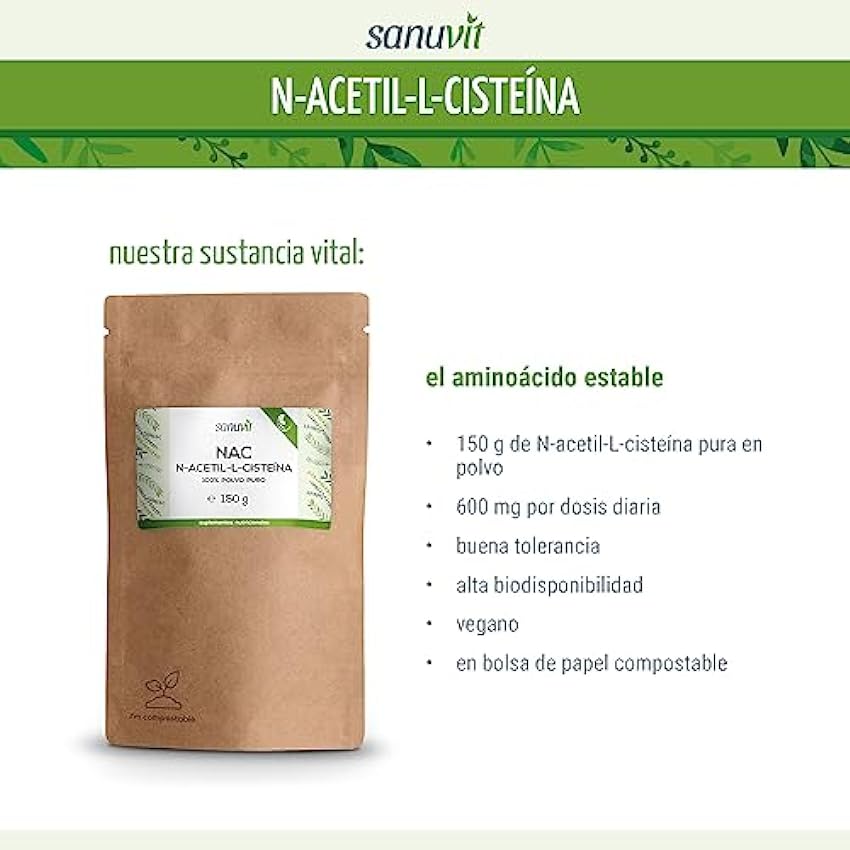 Sanuvit® - Polvo NAC | 150 g por bolsa | Suministro de 6 meses | N-acetil-L-cisteína | Alta biodisponibilidad y tolerancia | Vegano lpb8OaYS