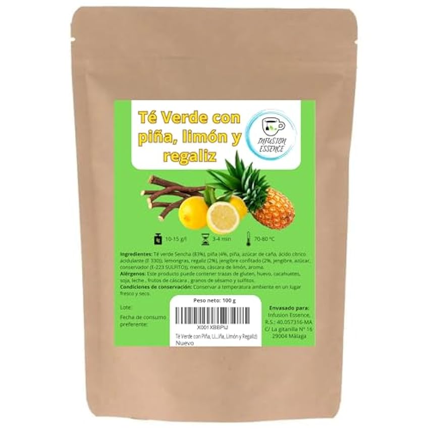 Té Verde con Piña, Limón y Regaliz I Antioxidante, Energetico y Digestivo I Té Verde en Hojas Sueltas (50 tazas) 100 g (Piña, Limón y Regaliz) nsDKUvOI