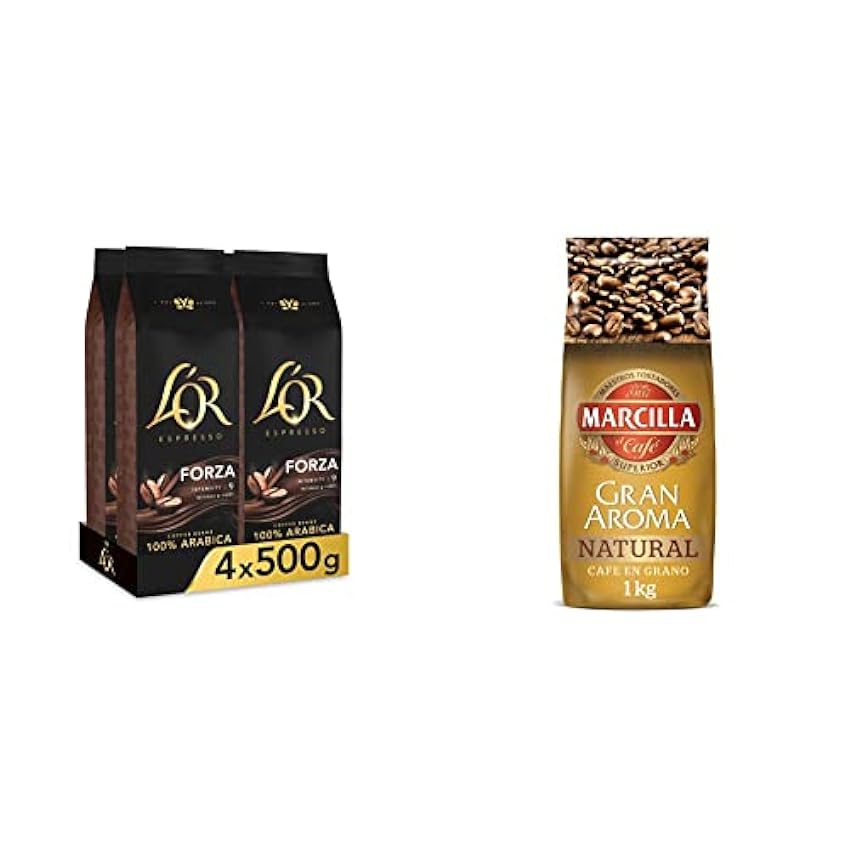 L´OR Espresso Forza Café en Grano Natural 100% Arábica - Intensidad 9 | 4x500g & Marcilla Gran Aroma Café en Grano 100% Natural Tostado - Intensidad 8 | 1000g FKdorcWr