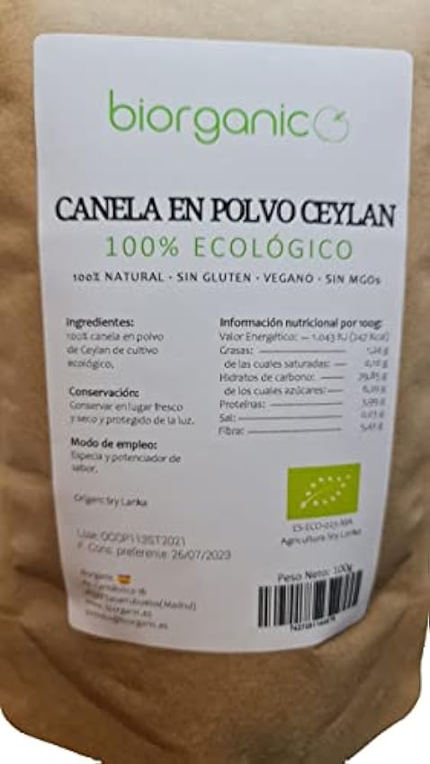 Canela Ceylan en polvo, 100g. Autentica.Pureza 100%. Sin gluten, sin MGOs. Biorganic. Marca española. GwBPhKNm