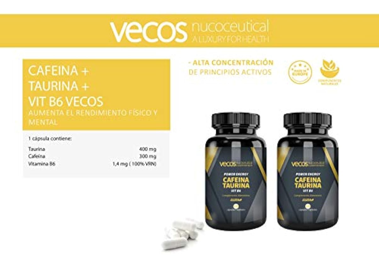 Vitamina B6 con Cafeína y Taurina | Power Energy | 100 Cápsulas Vegetales | Contribuye al Aumento de Volumen Muscular | Efecto Energizante | Complemento Alimenticio LV5OIBgE