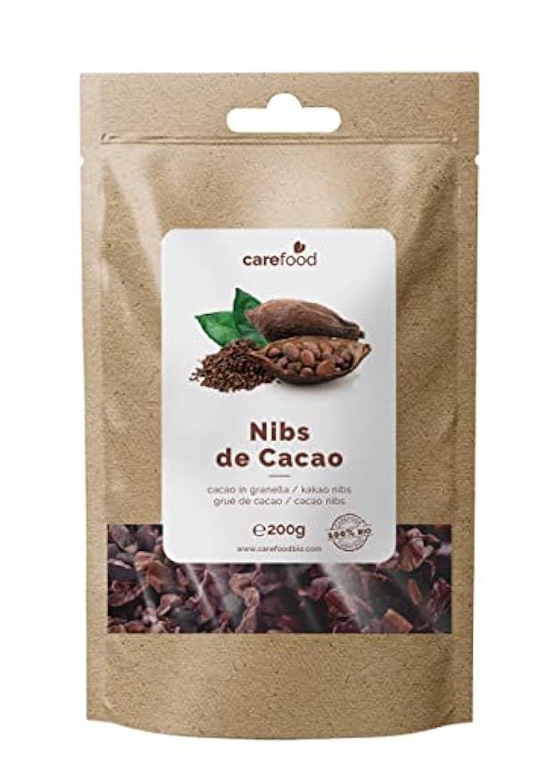 Carefood - Nibs de Cacao Ecológico - Trozos de Cacao Orgánico 100% Bio Sin Azúcares Añadidos y Apto para Veganos - Ideal para Utilizar como Topping - 200 g LLUvIlP1