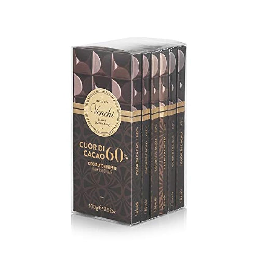 Venchi Kit de Tabletas Cuor di Cacao Mixtas, 600 g - Chocolate Extra Negro 60 %, 75 % y 85 % - Set de 6 - Sin Gluten nGqwduoJ