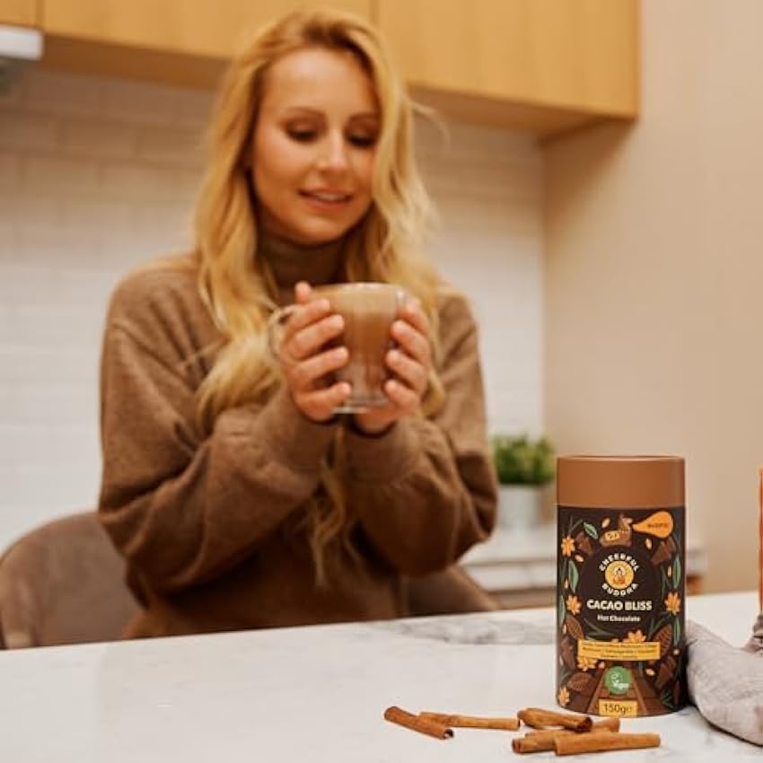 Cheerful Buddha - Chocolate caliente Cacao Bliss. Alternativa energizante al café potenciada con superalimentos, sin azúcares añadidos, sin nervios y apta para veganos (150 g) kR97eZqm