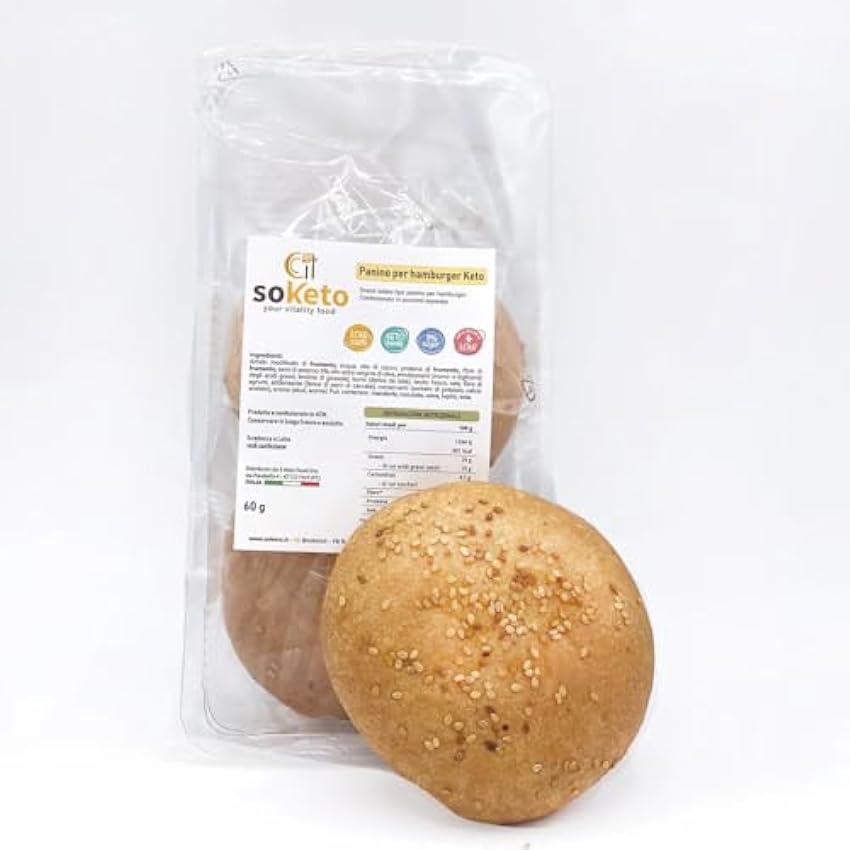 Pan Keto de Semillas de Sésamo para Hamburguesa Keto SoKeto (2udsx60gr) con 2,7 gr de carbohidratos por porción para Dieta Keto/Proteica/Diabetes Ig