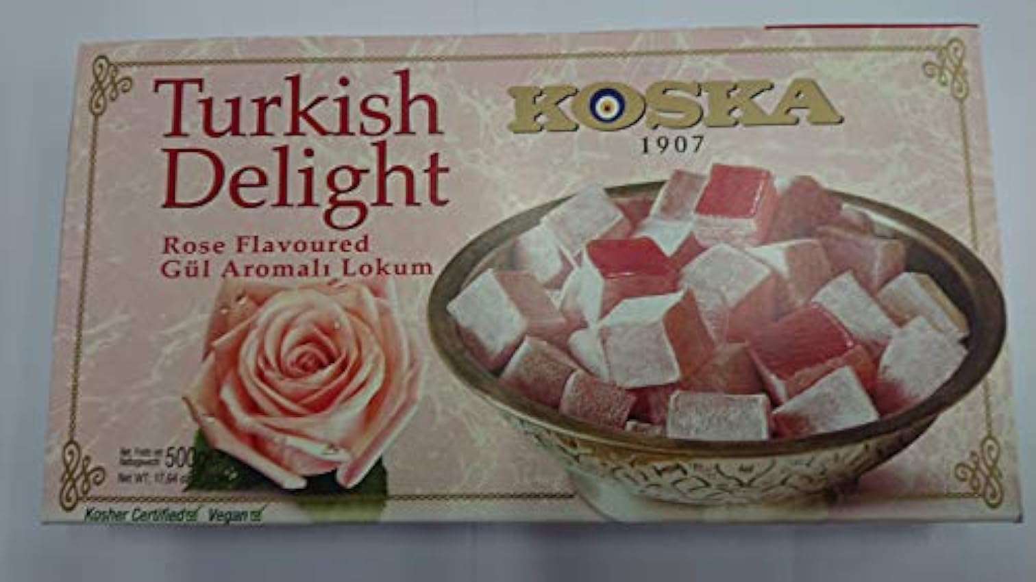Delicias turcas 500g | Sin gluten | sabor a rosa de Koska | Confitería tradicional de lujo |Vegano | Halal | Kosher | Lokum (Loukoumi) k8woST9N