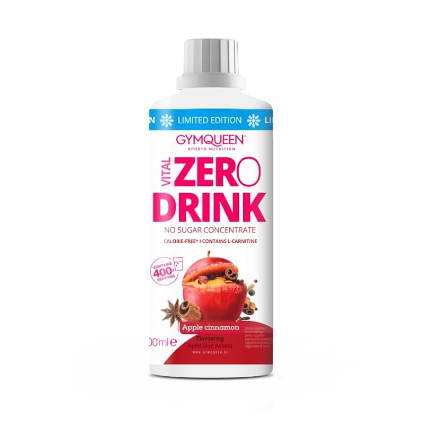 GymQueen Zero Drink Manzana y canela 1000 ml, Bebida concentrada 1:80, enriquecida con vitaminas B para tu metabolismo y L-carnitina, bebida jarabe con pocas calorías GR74drEd