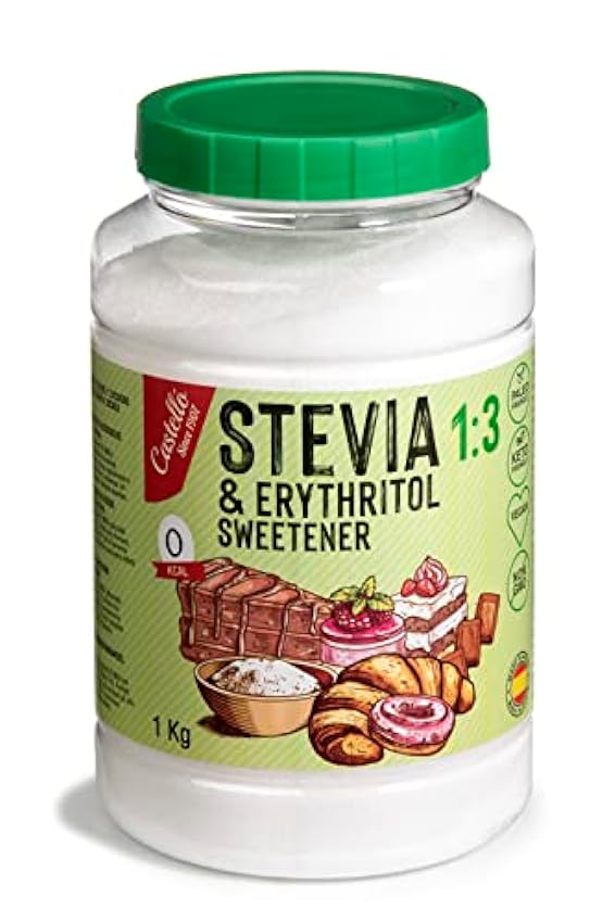 Edulcorante Stevia + Eritritol 1:3 | 1g = 3g de azúcar | Sustituto del Azúcar 100% Natural - 0 Calorías - 0 Índice Glucémico - Keto y Paleo - 0 Carbohidratos - No OGM - Castello since 1907-1 kg g4eq3KEn