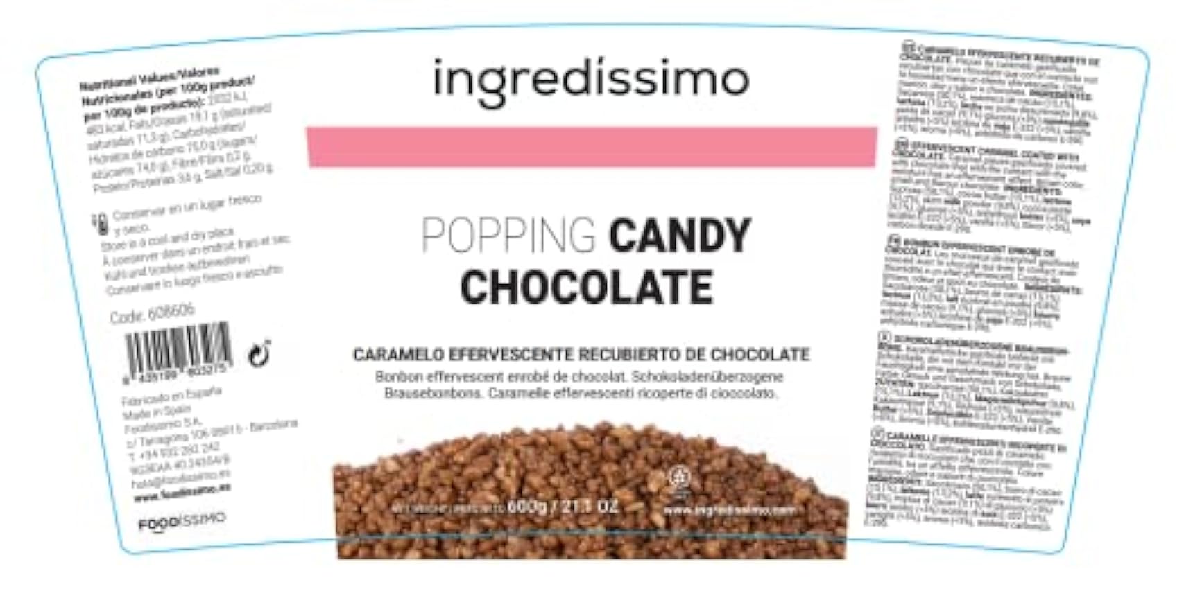 Ingredíssimo - Popping Candy Chocolate, 600 g, Topping de Piezas de Caramelo Gasificado, Decoración Comida, Recubiertas con Chocolate, Efecto Efervescente con Humedad, Color Marrón hPCAAbgg