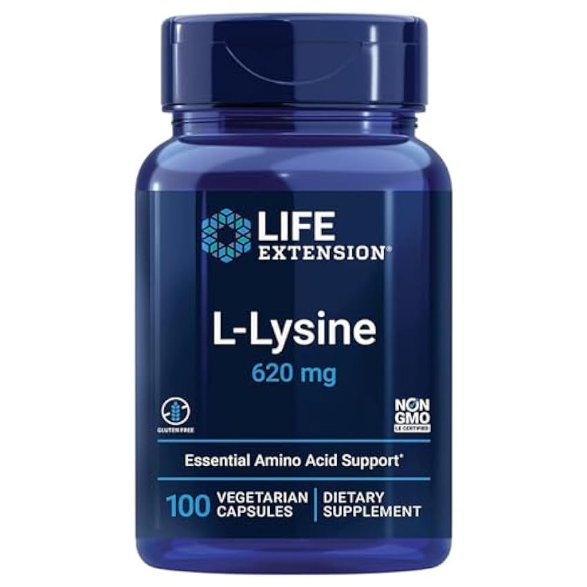 Life Extension, L-Lysine, 620mg, Dosis Alta, 100 Cápsulas veganas, Probadas en Laboratorio, Sin Gluten, Vegetarianas, Sin Soja, Sin OGM iyipgIe6
