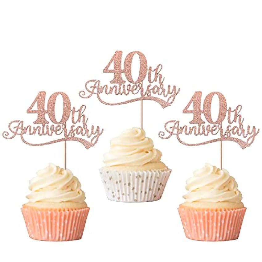Xsstarmi Paquete de 24 adornos para cupcakes de 40 aniversario, con purpurina para 40 años, boda, 40 aniversario, para decoración de tartas de feliz 40 aniversario, decoración de pasteles, oro rosa Mq0E6x4f