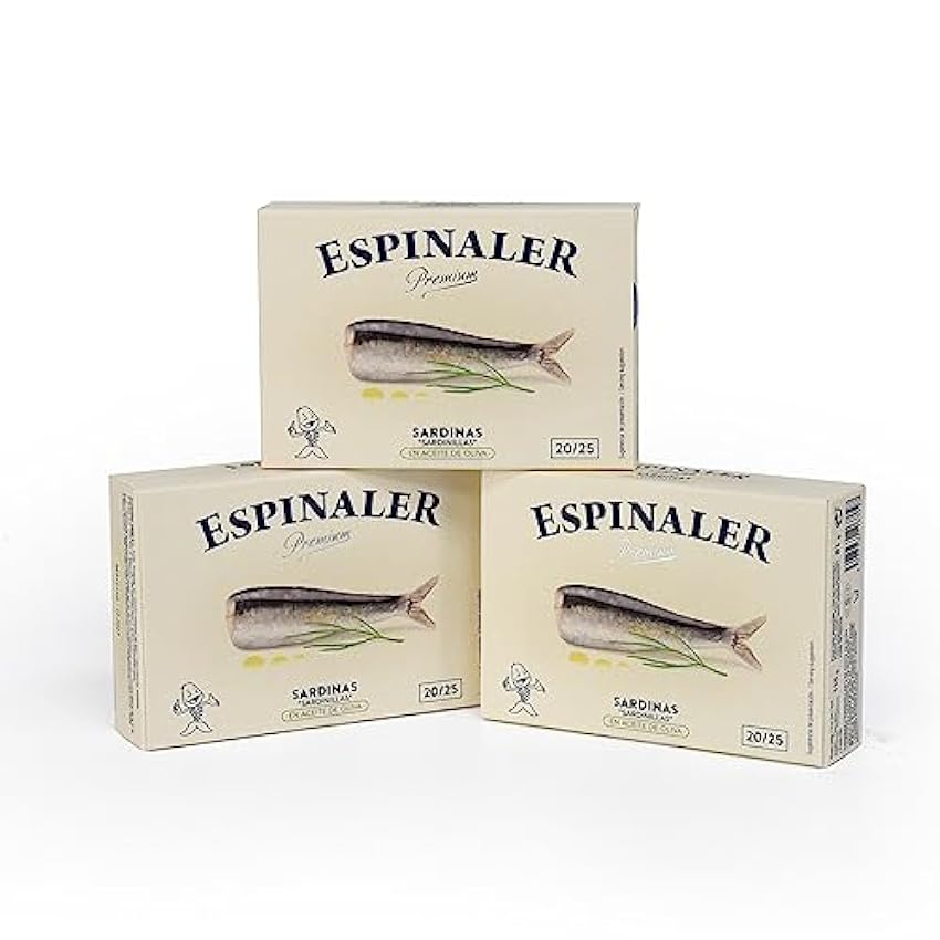 Sardinillas Premium en aceite de oliva Espinaler - Pack de 3 latas de 20-25 Sardinas en Conserva - Conservas Gourmet de sardinillas en aceite - Sardinas en conserva para tu aperitivo o para cocinar odkxSHav