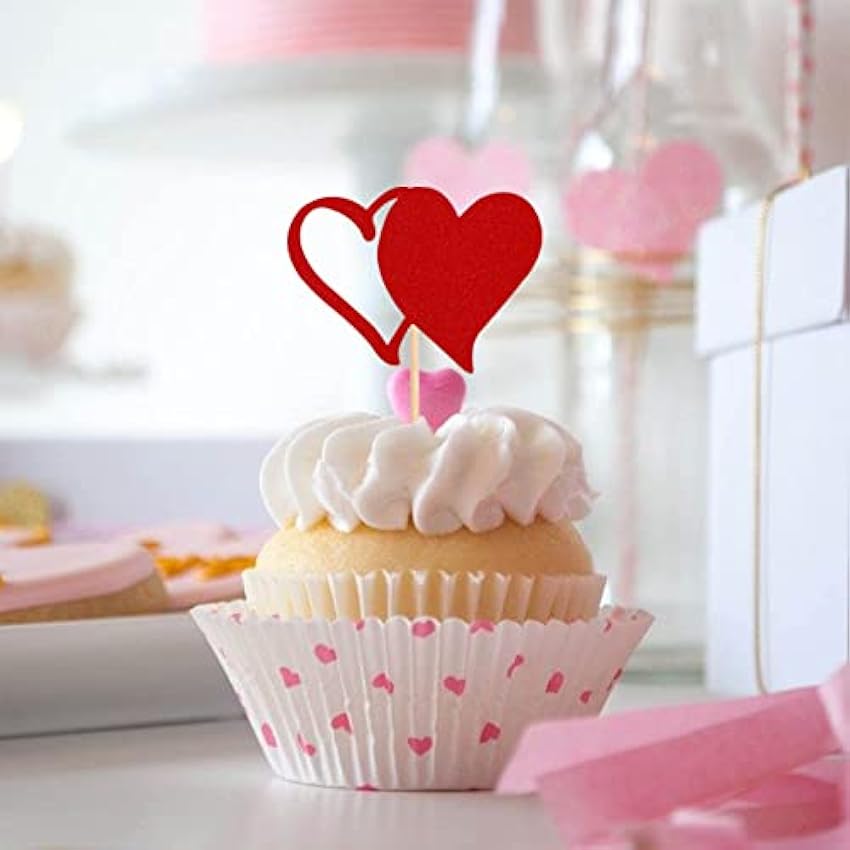 24 unidades huecas de doble corazón para cupcakes, color rojo brillante, dulce amor, San Valentín, decoración de tartas, decoración de San Valentín, tema de boda, cumpleaños, accesorios de fiesta PgaPJh1U