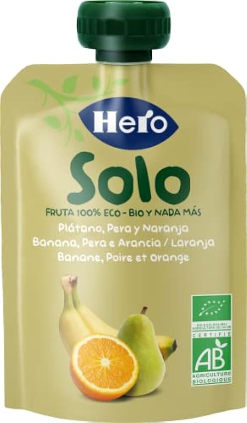 Hero Solo - Bolsitas Ecológicas de Fruta con Plátano, Pera y Naranja, Sin Conservantes, Aditivos, Aceite de Palma, Gluten ni Azúcares Añadidos, A Partir de los 4 meses - Pack de 18 x 100 g jJwVS5vX