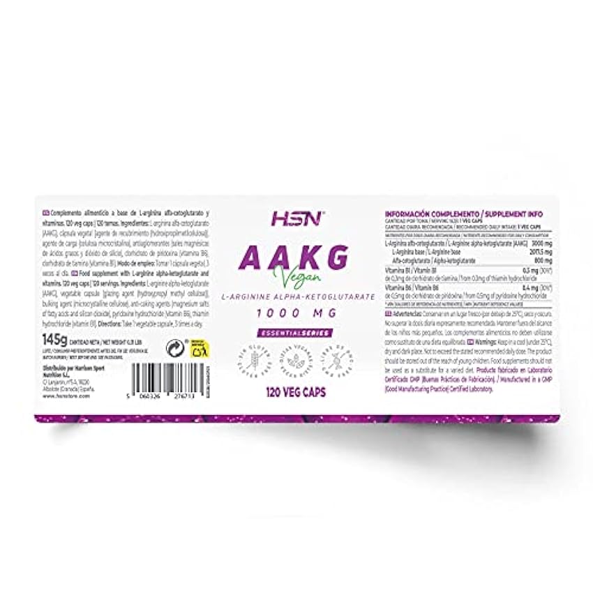 HSN Arginina AAKG Cápsulas | 120 Cápsulas Vegetales por Envase | 3000 mg de L-Arginina Alfa-Cetoglutarato por Dosis Diaria | Con Vitamina B1 y B6 | No-GMO, Vegano, Sin Gluten KzxGHe1k