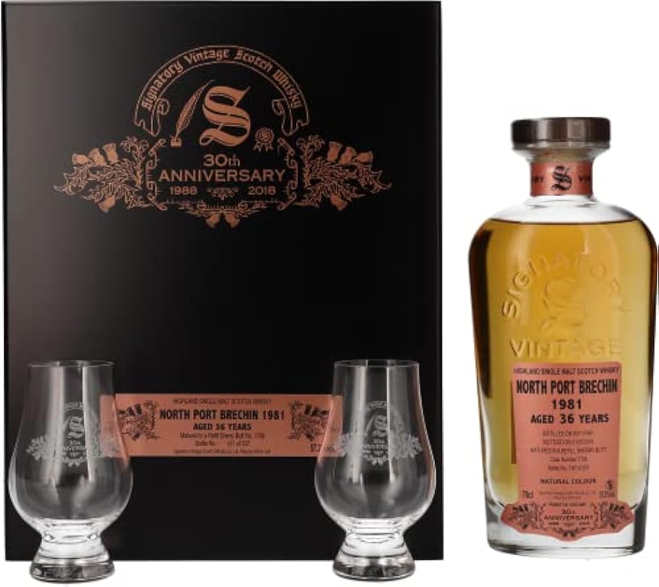 Signatory Vintage NORTH PORT BRECHIN 36 Years Old 30th ANNIVERSARY 1981 57,2% Vol. 0,7l in Holzkiste with 2 glasses hV7YadvJ