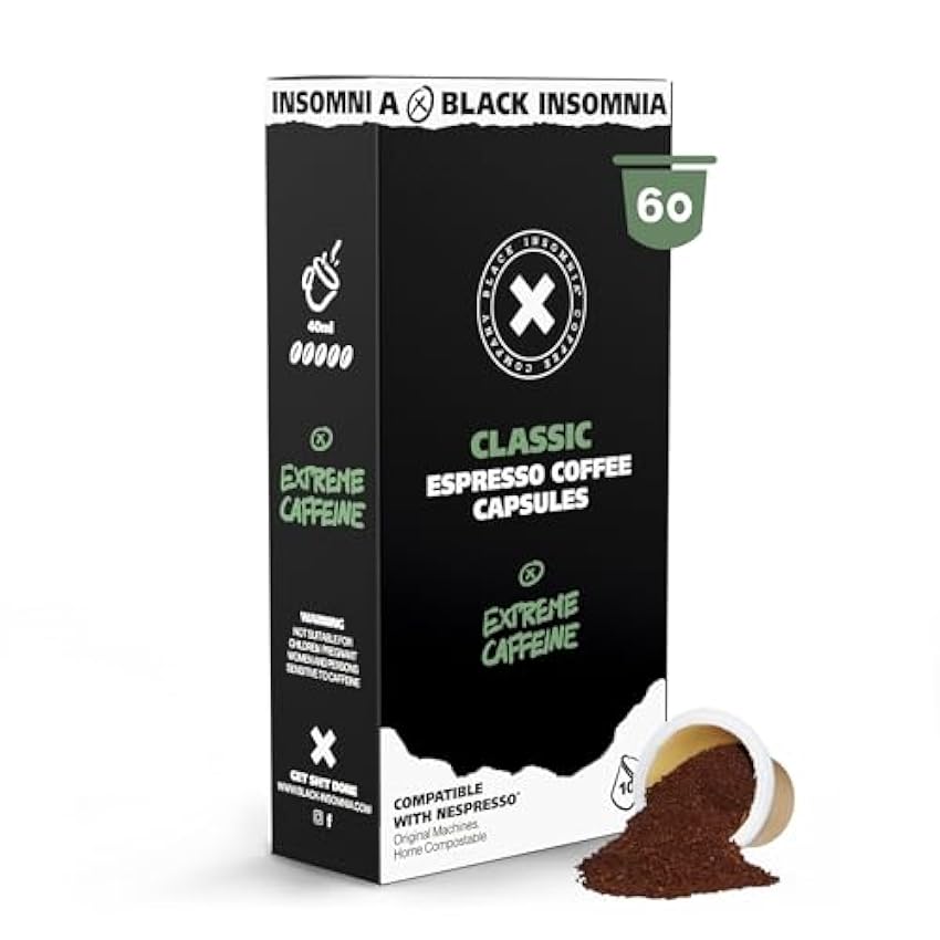 Cápsulas compatibles con Nespresso® Black Insomnia - Sabor clásico 6x10 cápsulas de café fuerte I 4 veces más cafeína que el café convencional I Mezcla 100% Robusta I Cápsulas compostables IczIgevM