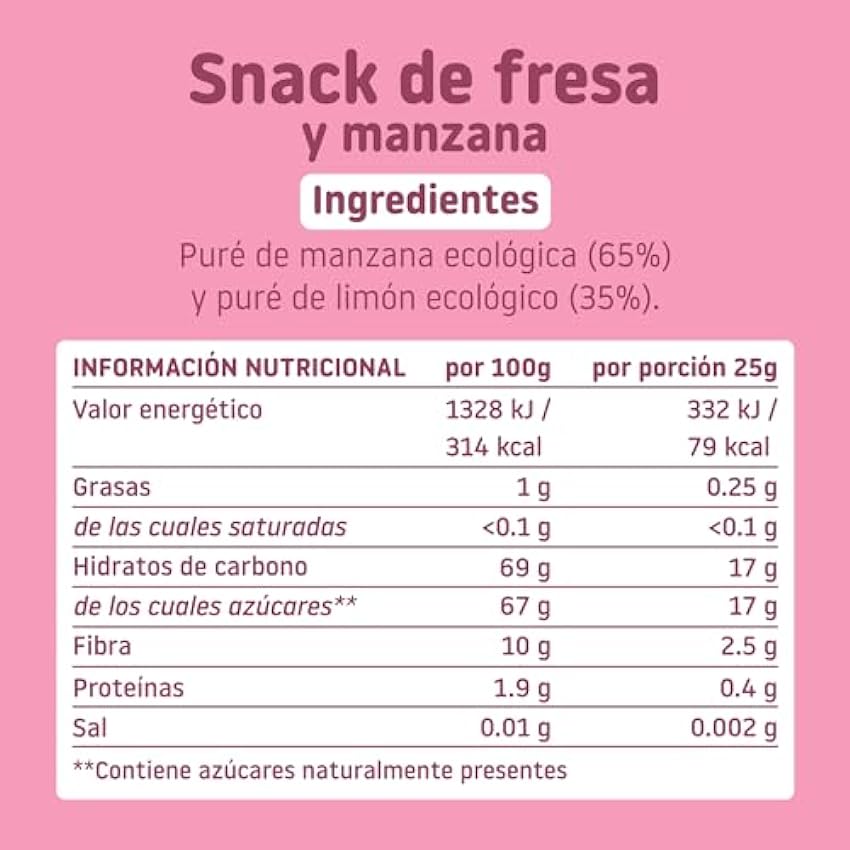Smileat Triboo - Snack de Frutas Infantil, con Formas Divertidas, Ecológico, con Ingredientes Naturales, sin Edulcorantes o Aditivos, Sano y Saludable, Sabor Fresa y Manzana - Pack de 15 x 25 g = 375g fZULCy3W