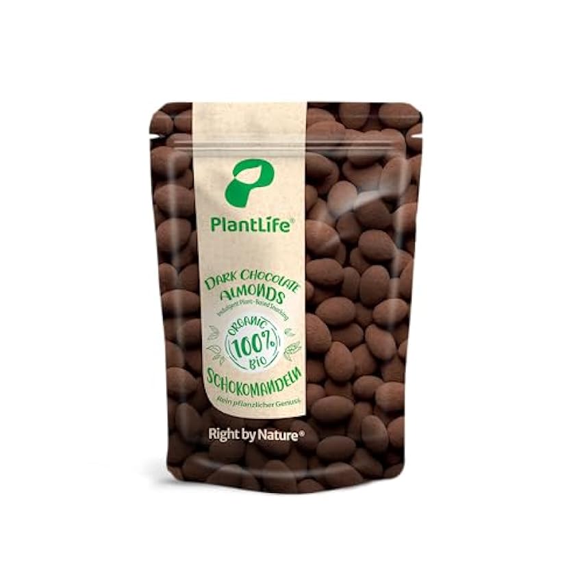 PlantLife Almendras de Chocolate Vegano BIO 500g - Almendras sicilianas sin tratar, chocolate negro noble y cacao más fino - 100% reciclable k3WayGFy