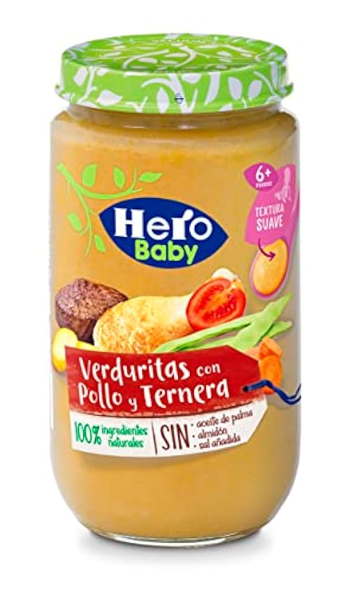 Hero Baby Potitos de Verduritas Con Pollo y Ternera, Alimento Infantil para Bebés a Partir de los 6 Meses, 100% Ingredientes Naturales, Sin Aceite de Palma, Almidón, ni Sal Añadida - 12 x 235 g lYINt88S